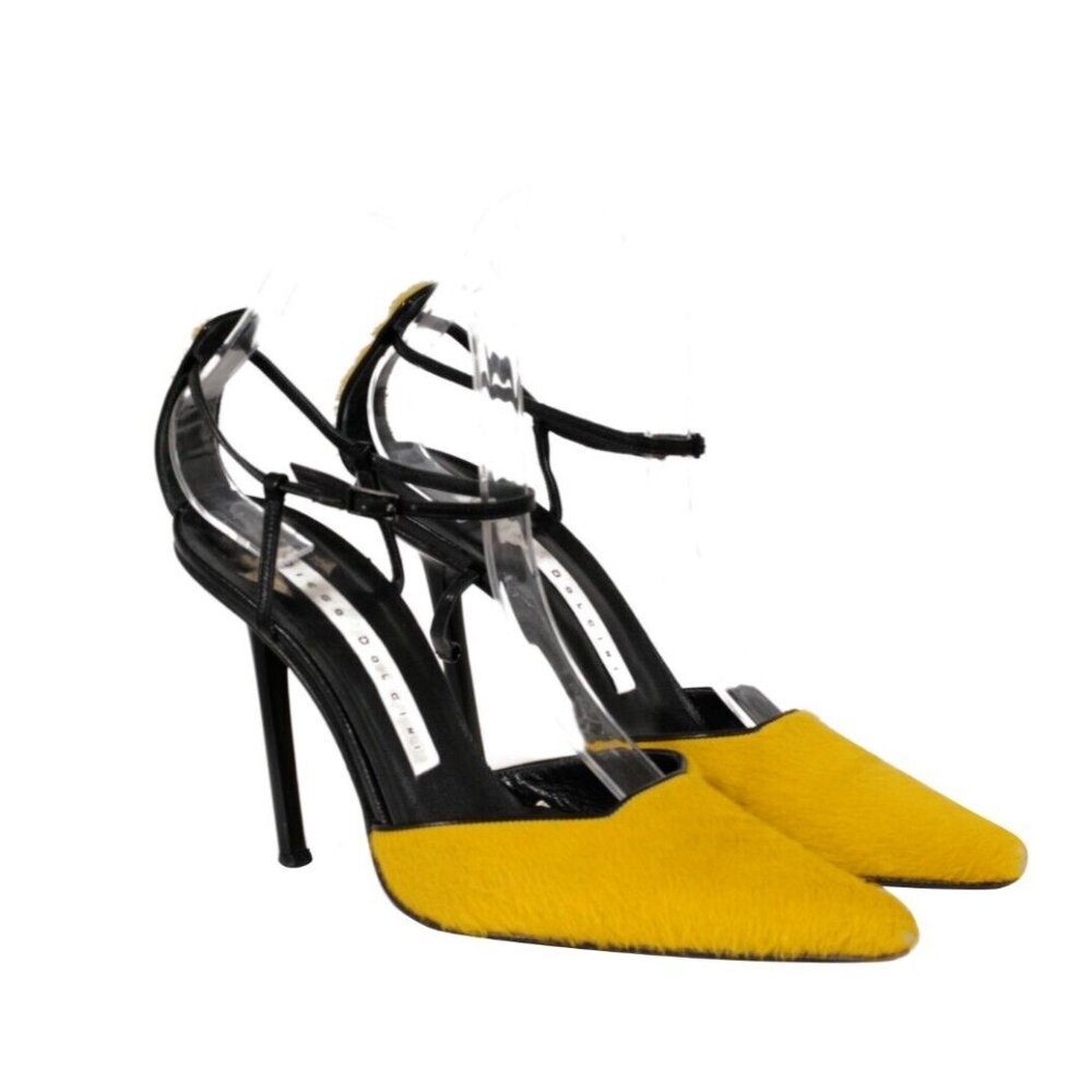 Diego Dolcini Women Vintage Pony Hair Pumps US 7 EU37 Yellow Black Leather Heels